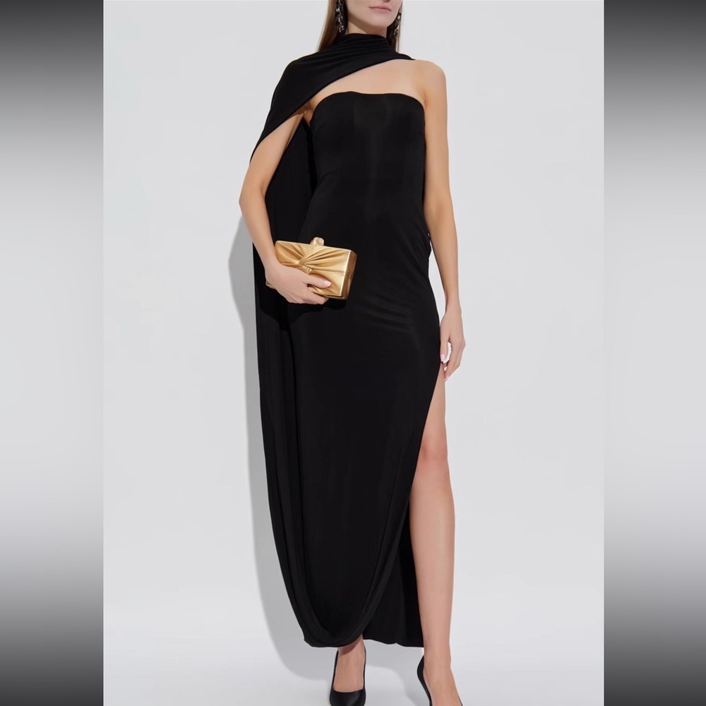 cult gaia One-Shoulder Black Evening Gown with Draped Cape - Picture 2 of 16
